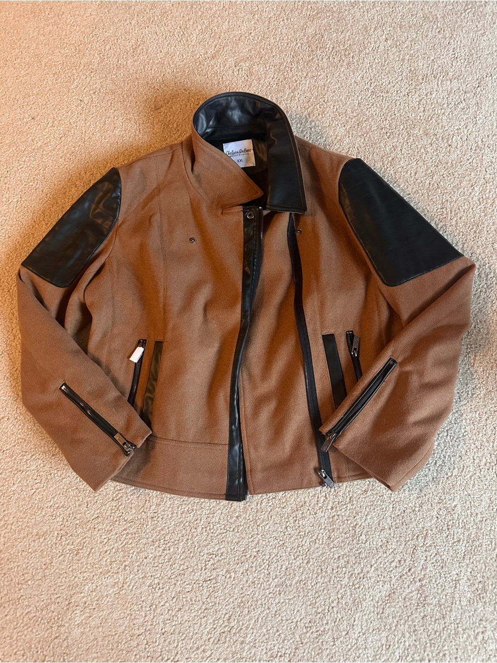 Chelsea Deboer Wool-Blend Bomber Jacket with Black Leather Trim